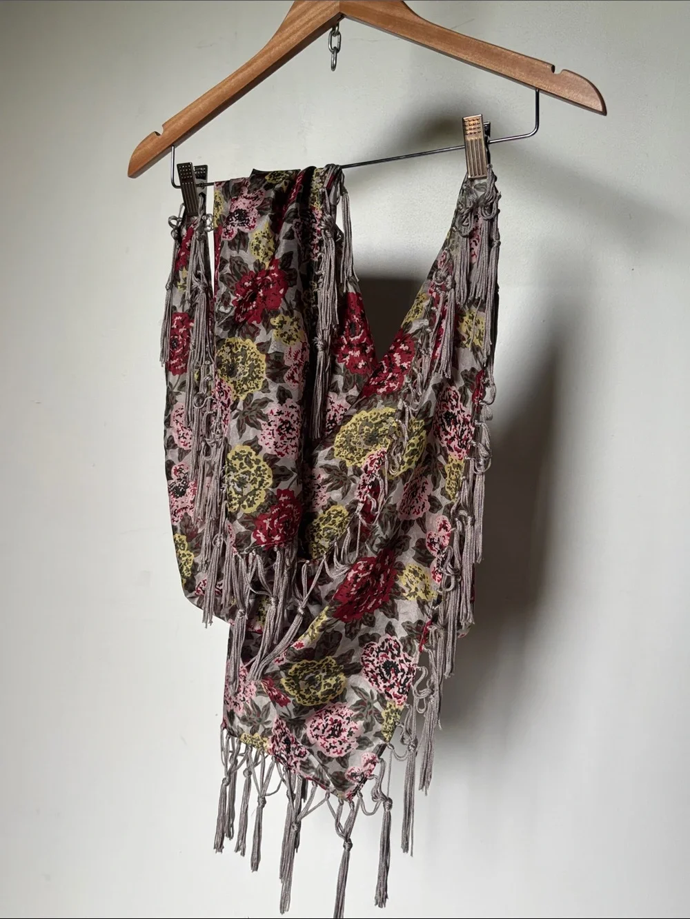 Vintage Silky Floral Fringe Rose Print Scarf with Gray Tassels
